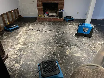 Air movers and a dehumidifier drying a room with a brick fireplace