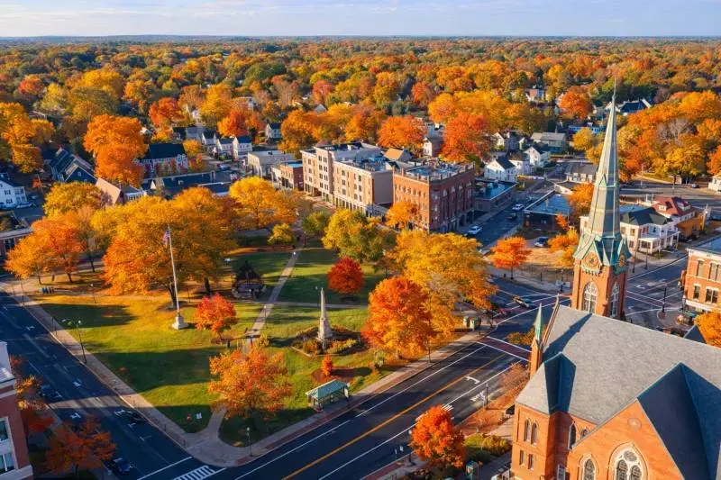 Downtown Framingham and its common in autumn